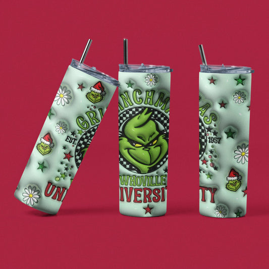 Grinchmas University Whoville 3D - Vaso de acero inoxidable aislado de 20 oz con tapa de plástico resistente a fugas y pajita de metal con cepillo de limpieza de pajita incluido