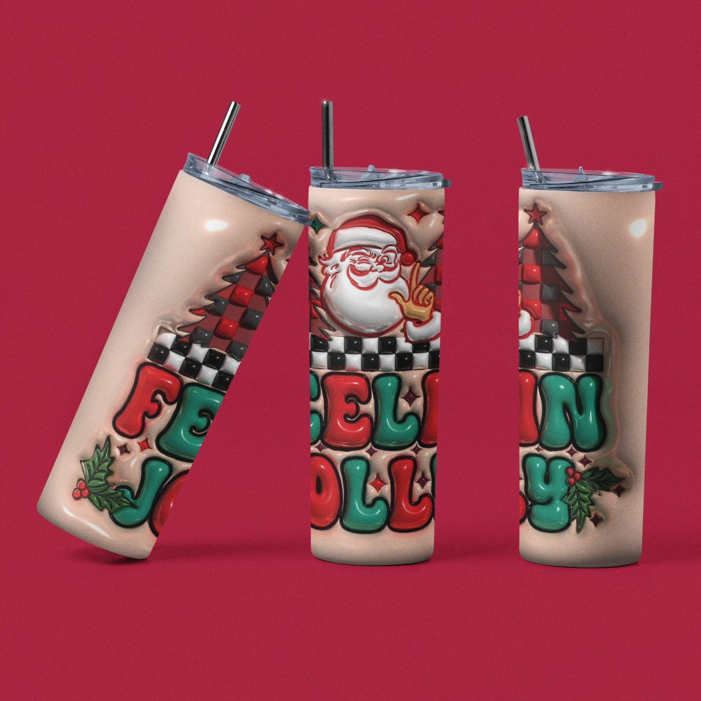 Santa - Feelin Jolly 3D - Vaso aislado de acero inoxidable de 20 oz con tapa de plástico resistente a fugas y pajita de metal con cepillo de limpieza para pajita incluido