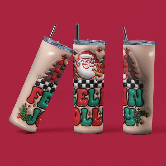 Santa - Feelin Jolly 3D - 20 oz Insulated Stainless Steel Tumbler with Plastic Leak Resistant Lid and Metal Straw with Straw Cleaning Brush included