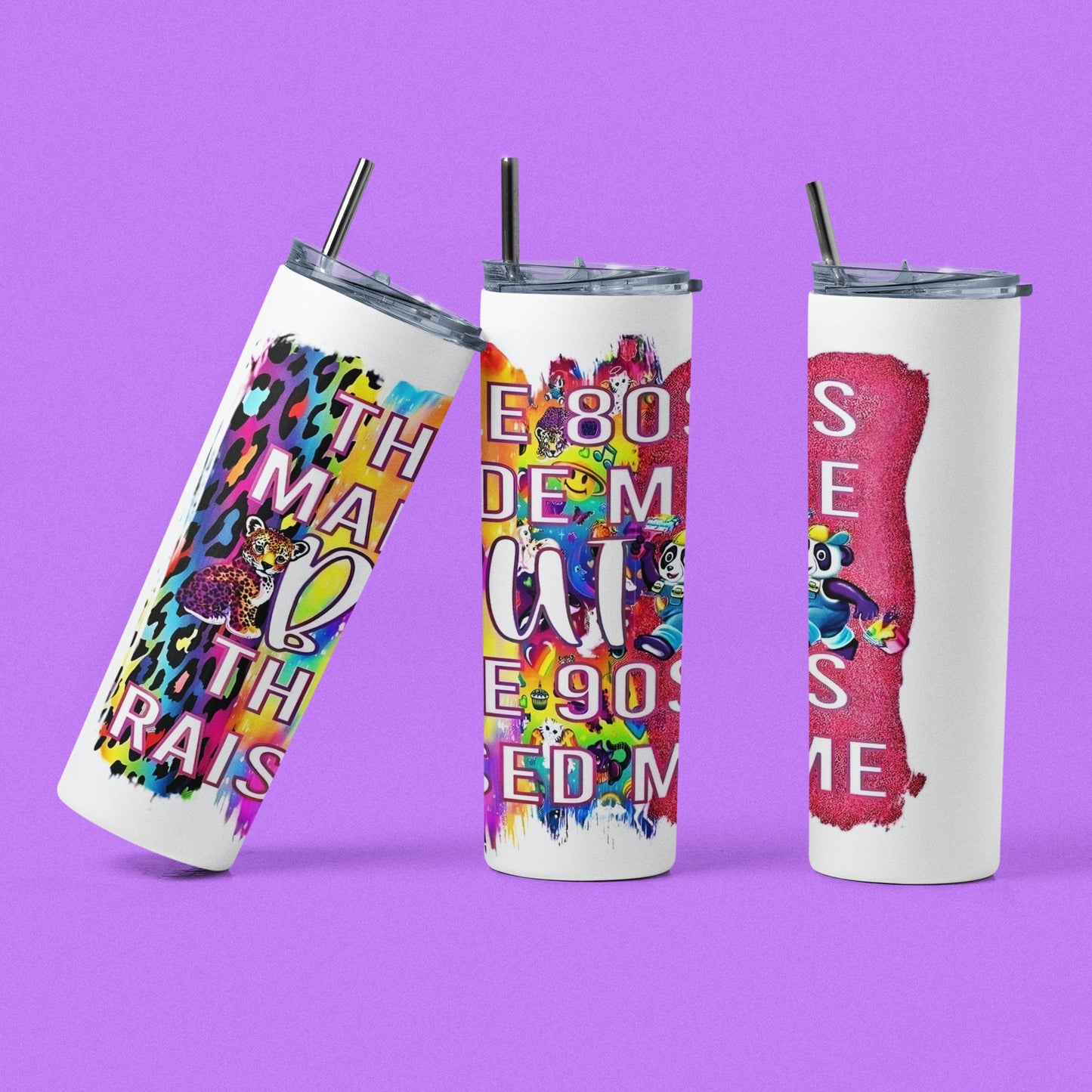 80's Made but 90's Raised - 20 oz Insulated Stainless Steel Tumbler with Plastic Leak Resistant Lid and Metal Straw with Straw Cleaning Brush included