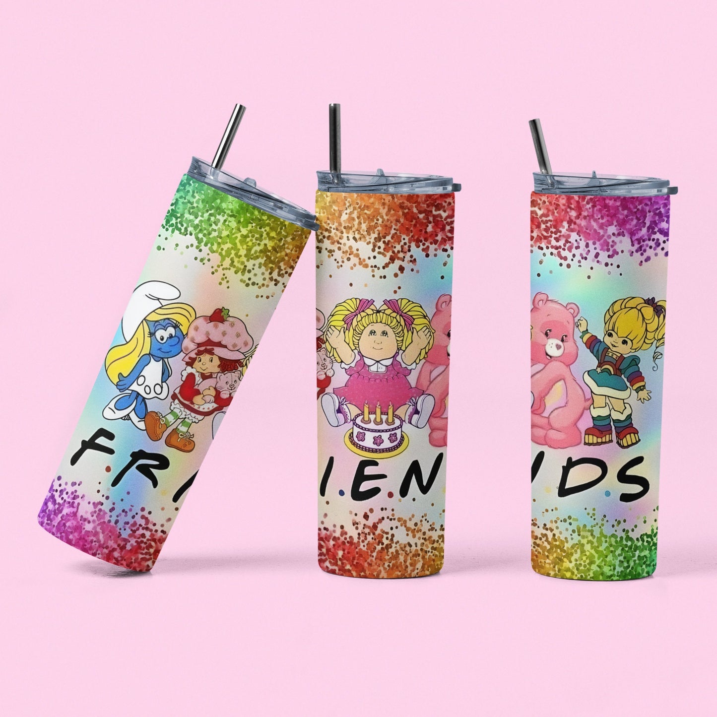 80s Girl Friends - Vaso aislado de acero inoxidable de 20 oz con tapa de plástico resistente a fugas y pajita de metal con cepillo de limpieza para pajitas incluido