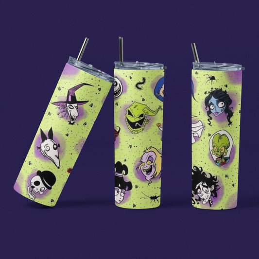 Tim Burton Cartoon Faces - 20 oz Insulated Stainless Steel Tumbler with Plastic Leak Resistant Lid and Metal Straw with Straw Cleaning Brush included