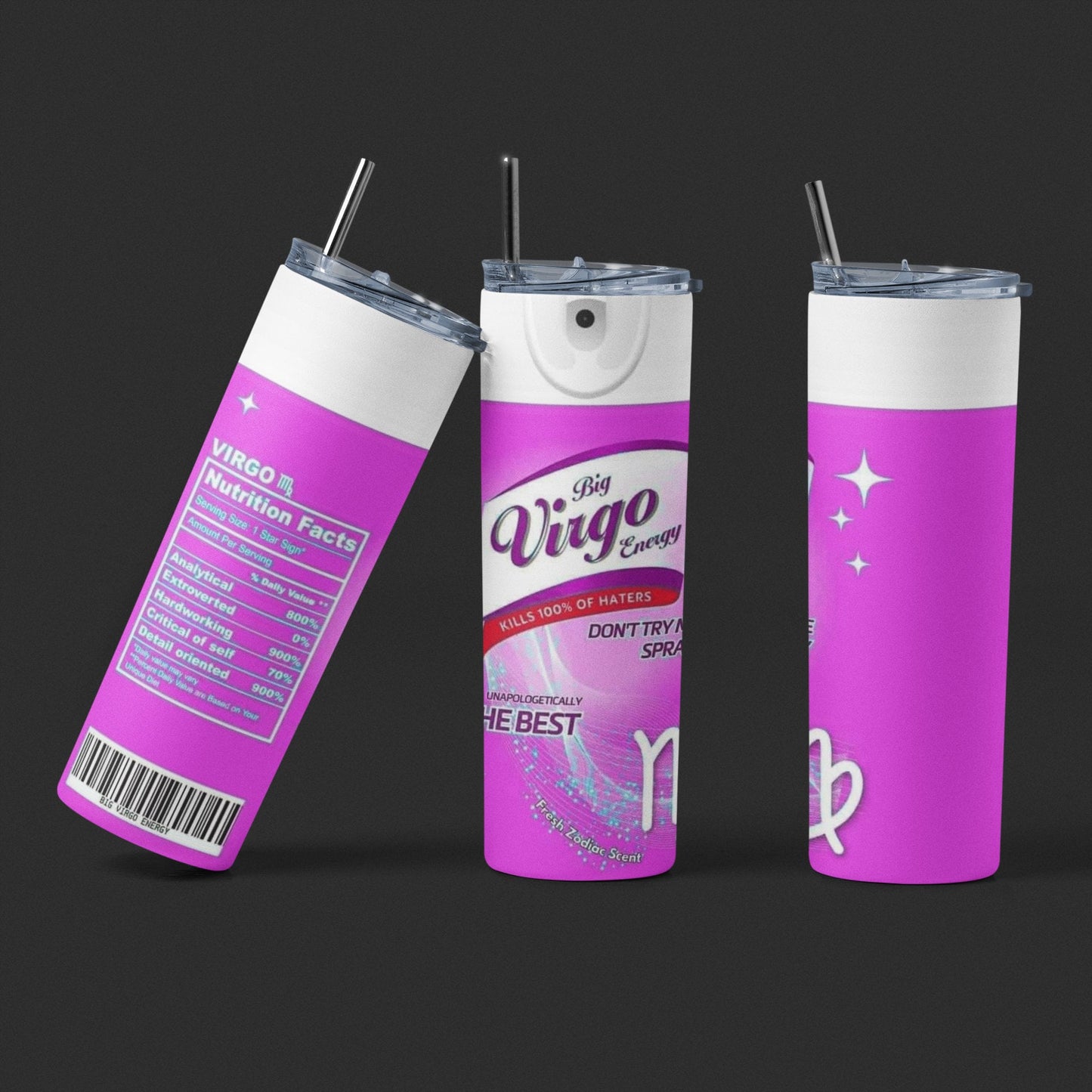 Spray - Big Virgo Energy - Vaso aislado de acero inoxidable de 20 oz con tapa de plástico resistente a fugas y pajita de metal con cepillo de limpieza para pajita incluido