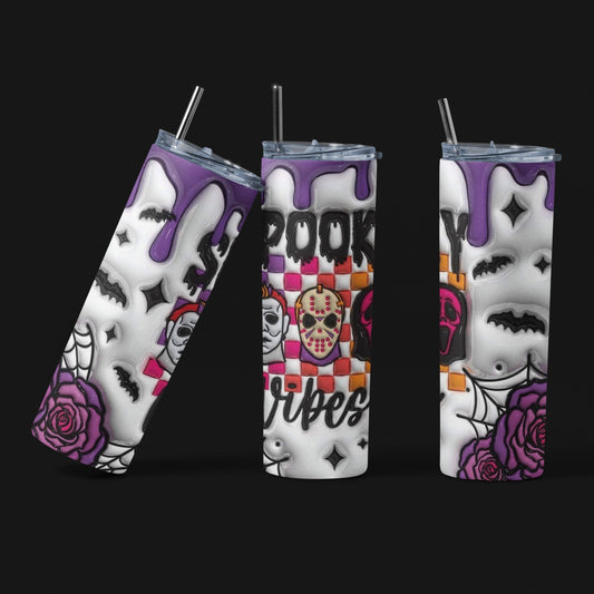 Spooky Vibes 3D - Vaso aislado de acero inoxidable de 20 oz con tapa de plástico resistente a fugas y pajita de metal con cepillo de limpieza para pajitas incluido