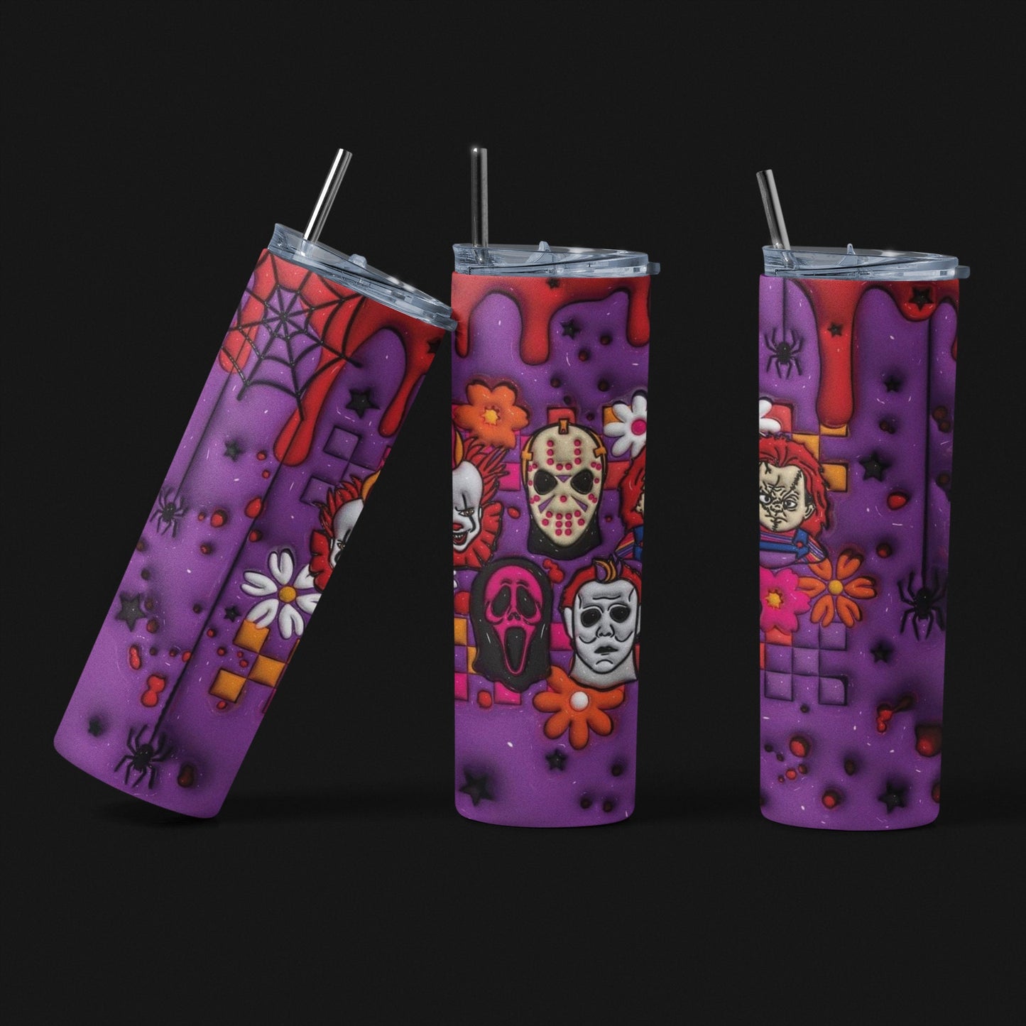 Horror Faces 3D - 20 oz Insulated Stainless Steel Tumbler with Plastic Leak Resistant Lid and Metal Straw with Straw Cleaning Brush included