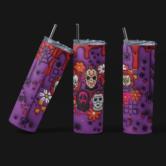 Horror Faces 3D - Vaso aislado de acero inoxidable de 20 oz con tapa de plástico resistente a fugas y pajita de metal con cepillo de limpieza para pajitas incluido