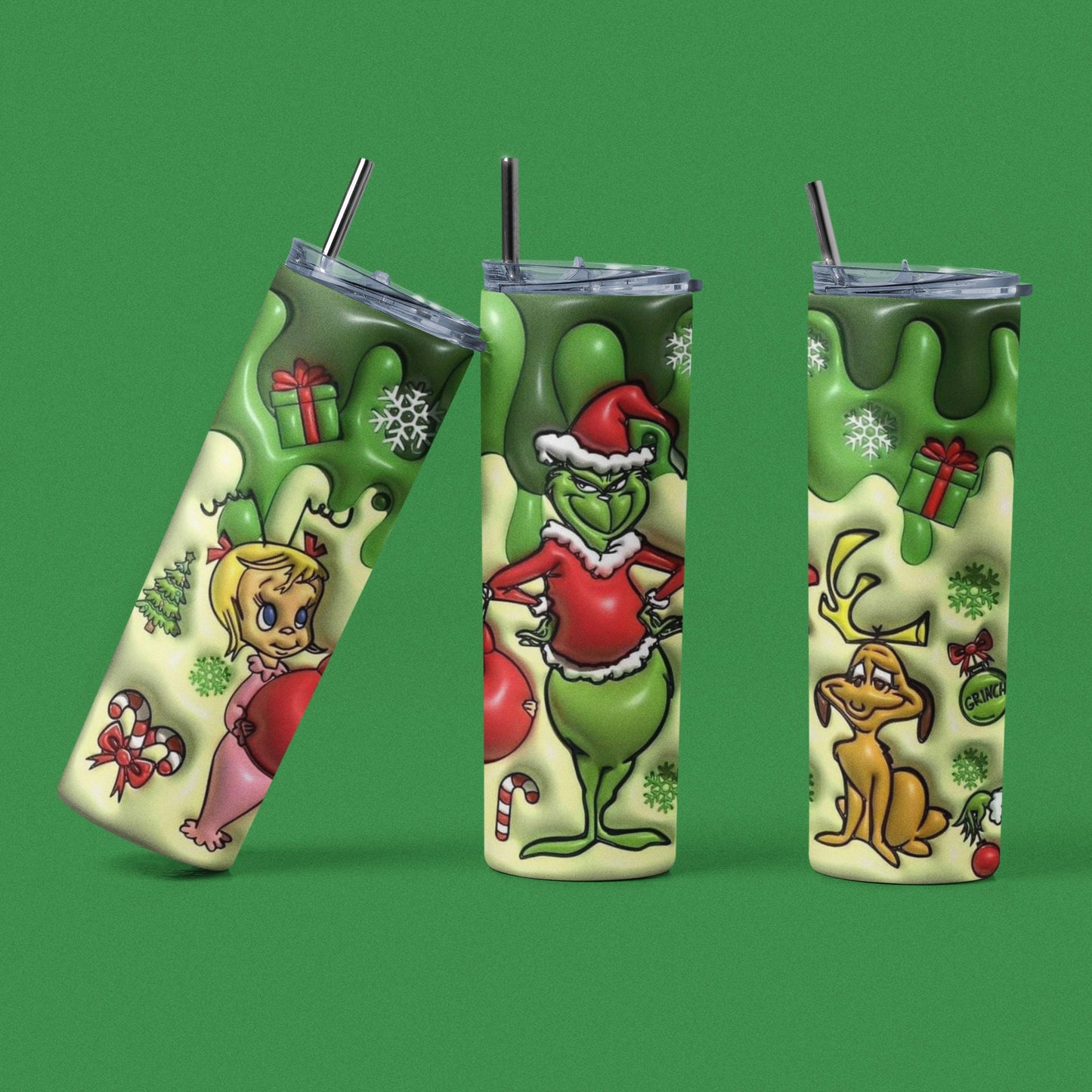 Grinch Stole Christmas 3D - 20 oz Insulated Stainless Steel Tumbler with Plastic Leak Resistant Lid and Metal Straw with Straw Cleaning Brush included