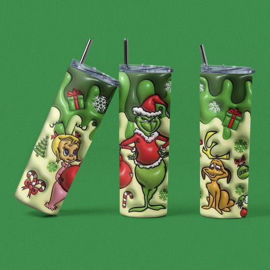 Grinch Stole Christmas 3D - 20 oz Insulated Stainless Steel Tumbler with Plastic Leak Resistant Lid and Metal Straw with Straw Cleaning Brush included