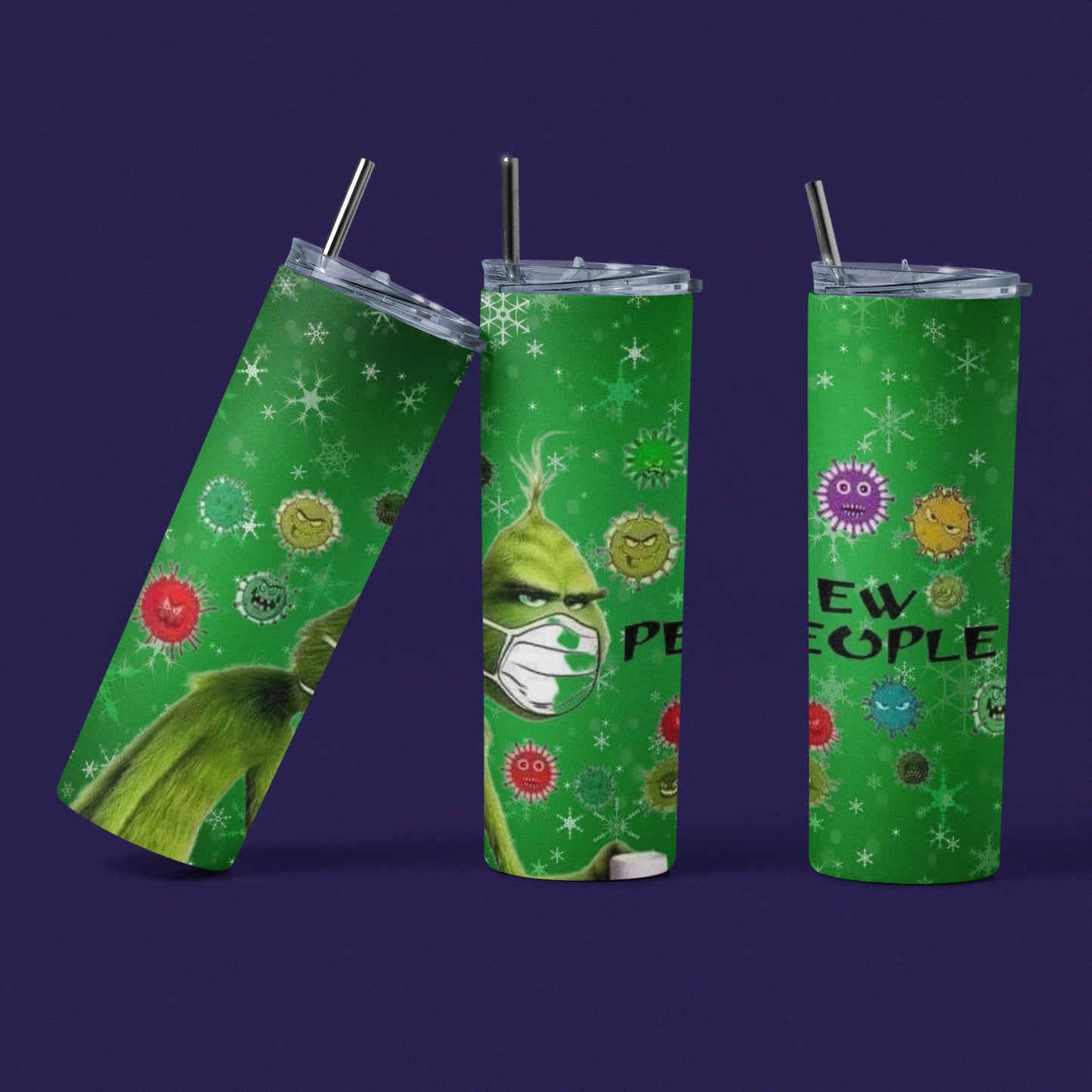 Grinch Ew People - 20 oz Insulated Stainless Steel Tumbler with Plastic Leak Resistant Lid and Metal Straw with Straw Cleaning Brush included