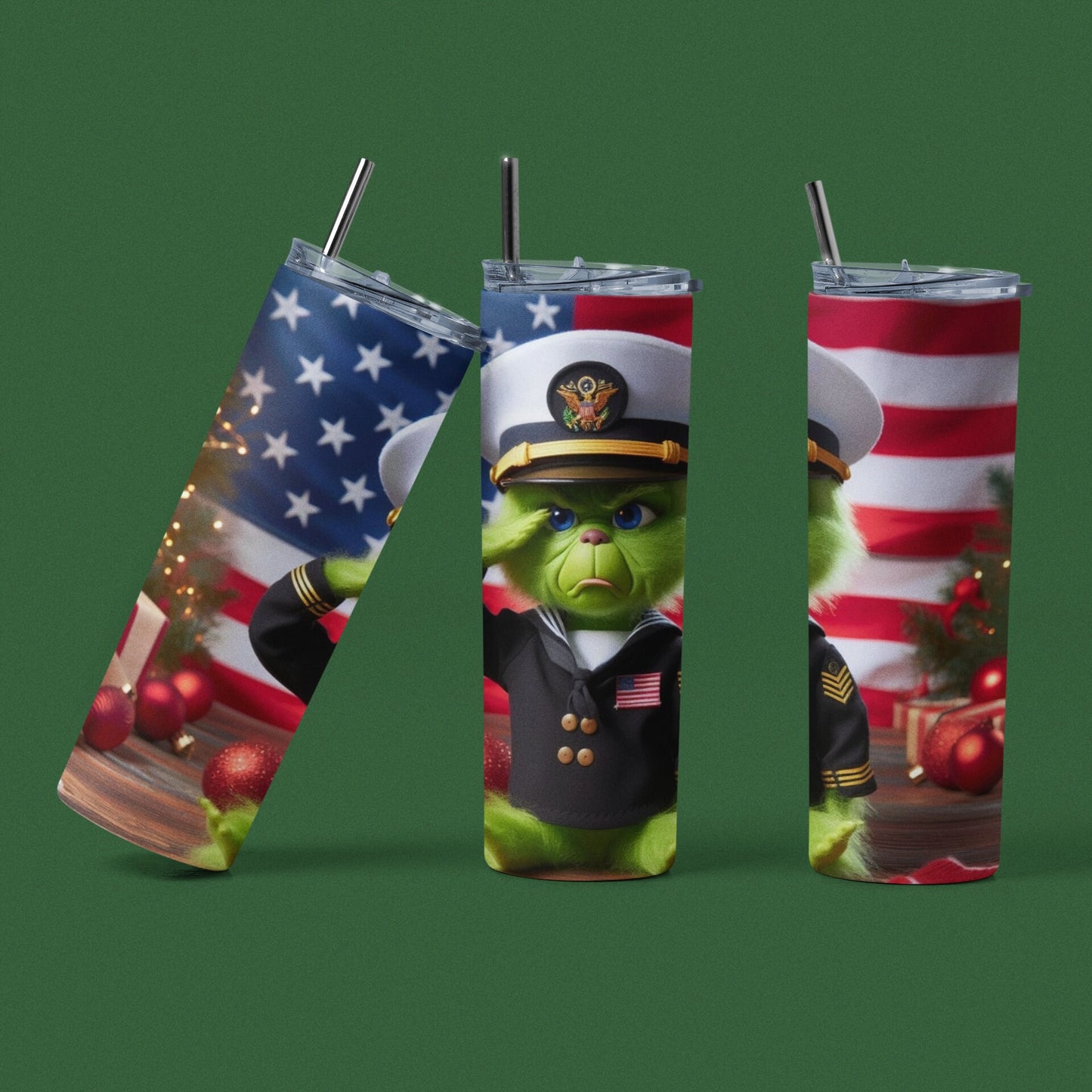 Grinch Navy Salute to Christmas - Vaso de acero inoxidable aislado de 20 oz con tapa de plástico resistente a fugas y pajita de metal con cepillo de limpieza de pajita incluido