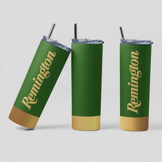 Remington Casing Green - Vaso aislado de acero inoxidable de 20 oz con tapa de plástico resistente a fugas y pajita de metal con cepillo de limpieza para pajitas incluido