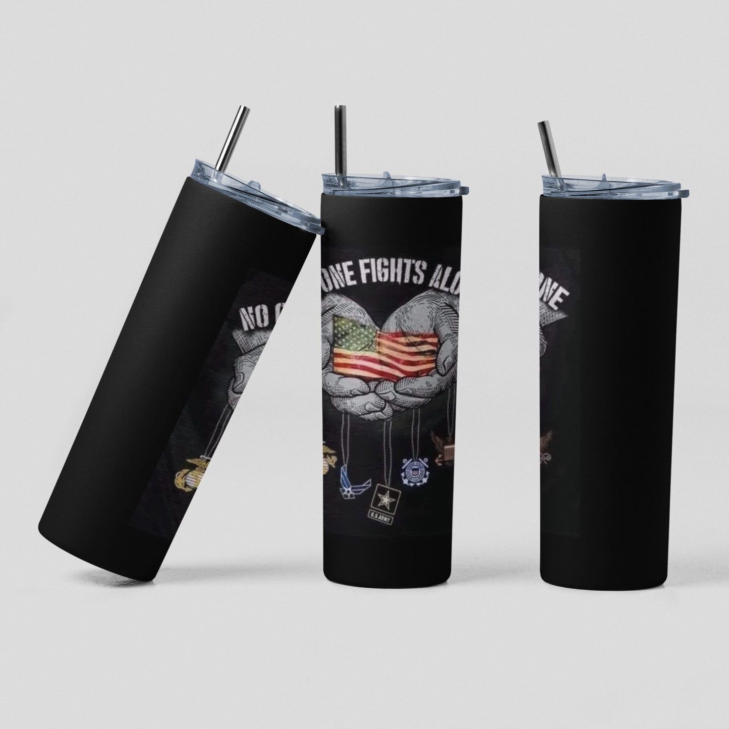 No One Fights Alone - 20 oz Insulated Stainless Steel Tumbler with Plastic Leak Resistant Lid and Metal Straw with Straw Cleaning Brush included