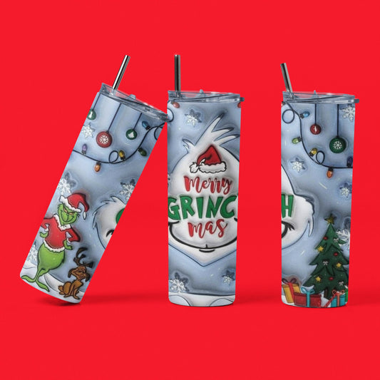 Merry Grinchmas 3D - Vaso aislado de acero inoxidable de 20 oz con tapa de plástico resistente a fugas y pajita de metal con cepillo de limpieza para pajitas incluido