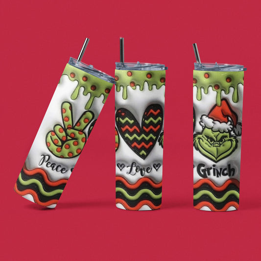 Peace Love Grinch 3D - Vaso de acero inoxidable aislado de 20 oz con tapa de plástico resistente a fugas y pajita de metal con cepillo de limpieza de pajita incluido