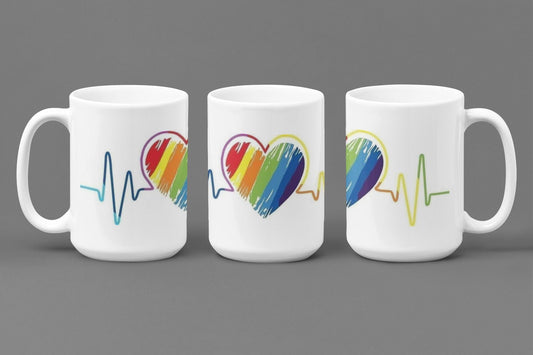 Rainbow Heartbeat - 15 oz Ceramic Mug Enamel Coated with handle. design printed on both sides