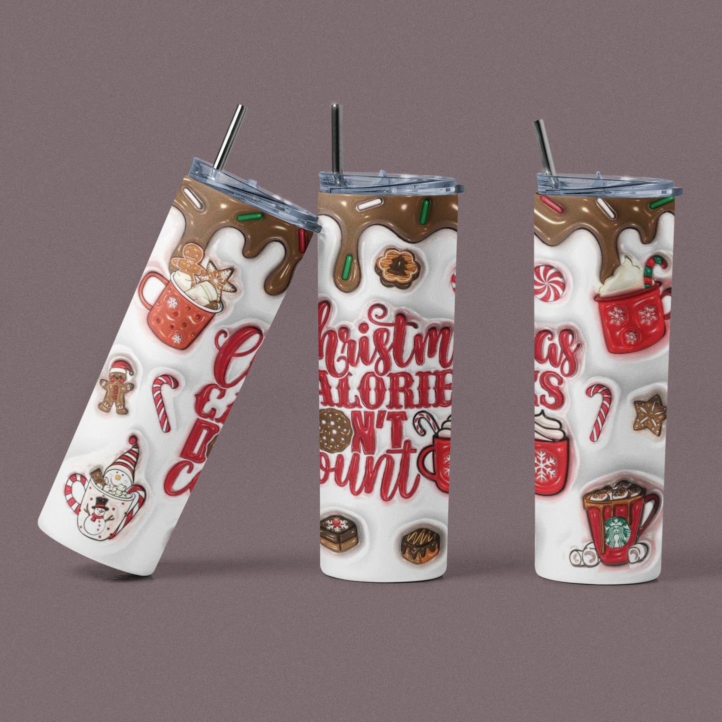 Christmas Calories Don't Count 3D - 20 oz Insulated Stainless Steel Tumbler with Plastic Leak Resistant Lid and Metal Straw with Straw Cleaning Brush included