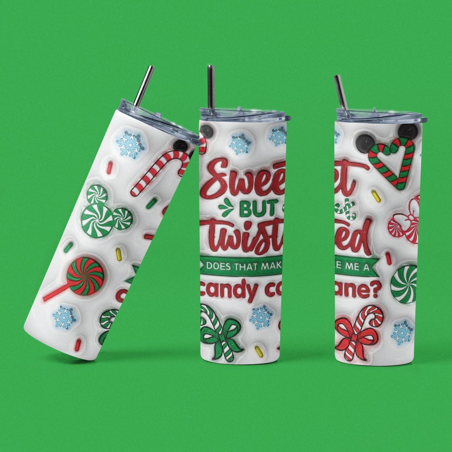 Sweet But Twisted Does That Make Me A Candy Cane 3D - 20 oz Insulated Stainless Steel Tumbler with Plastic Leak Resistant Lid and Metal Straw with Straw Cleaning Brush included