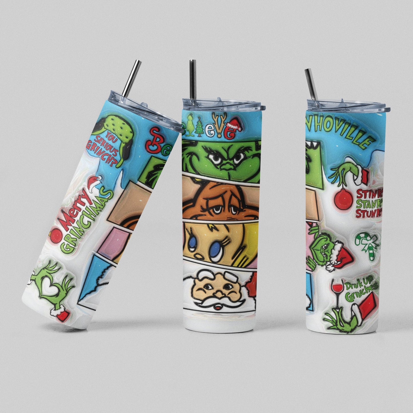 The Grinch - Believe 3D - Vaso de acero inoxidable aislado de 20 oz con tapa de plástico resistente a fugas y pajita de metal con cepillo de limpieza de pajita incluido