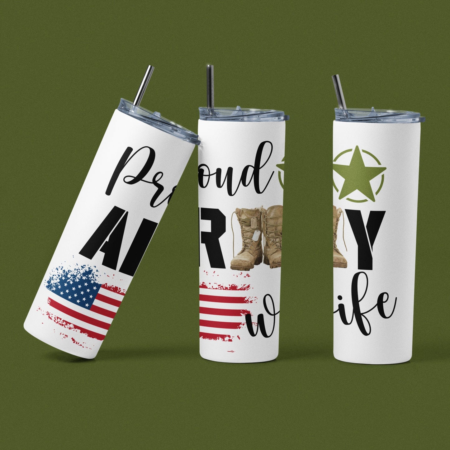 Proud ArmyWife - Vaso aislado de acero inoxidable de 20 oz con tapa de plástico resistente a fugas y pajita de metal con cepillo de limpieza para pajitas incluido