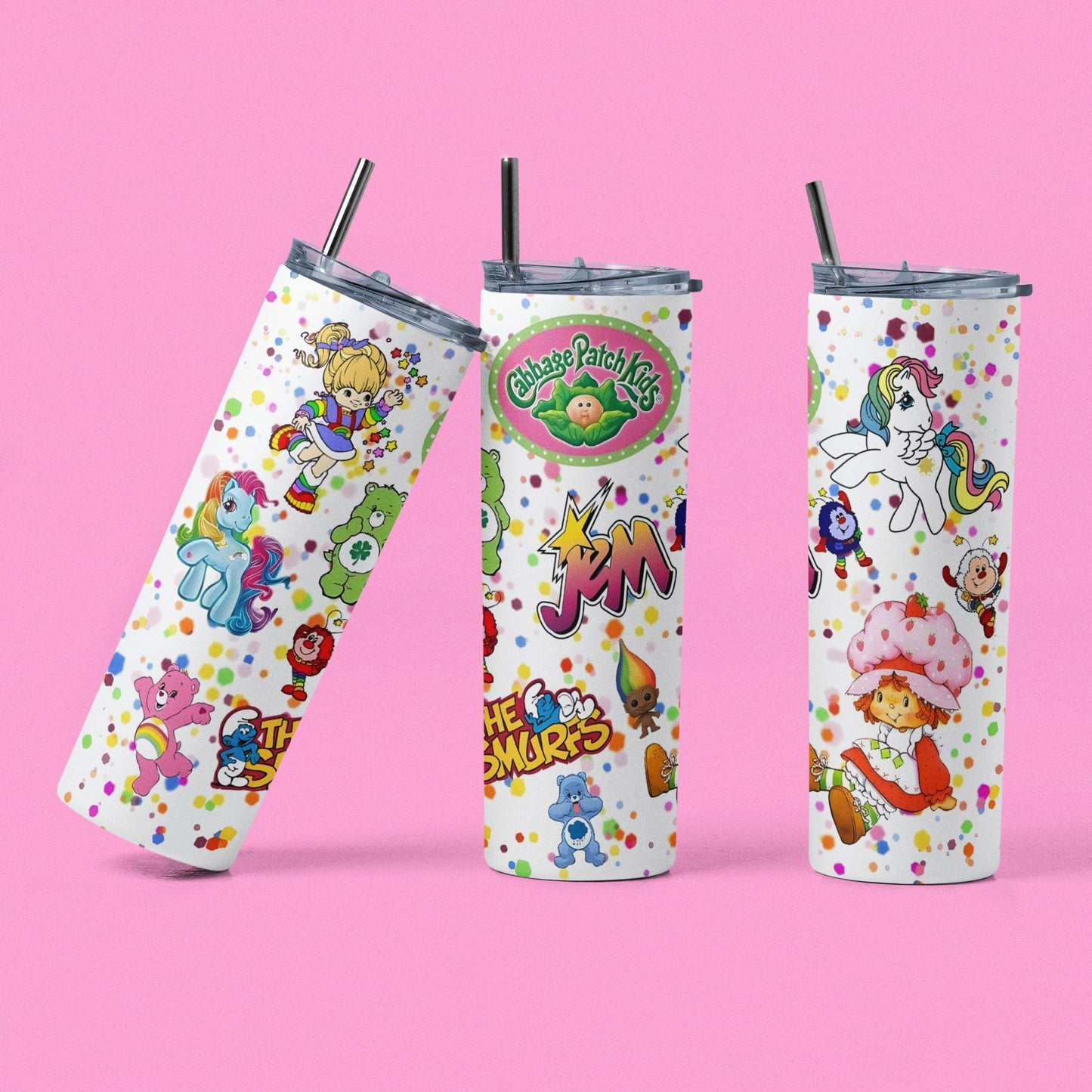 80s Girl Cartoons - 20 oz Insulated Stainless Steel Tumbler with Plastic Leak Resistant Lid and Metal Straw with Straw Cleaning Brush included