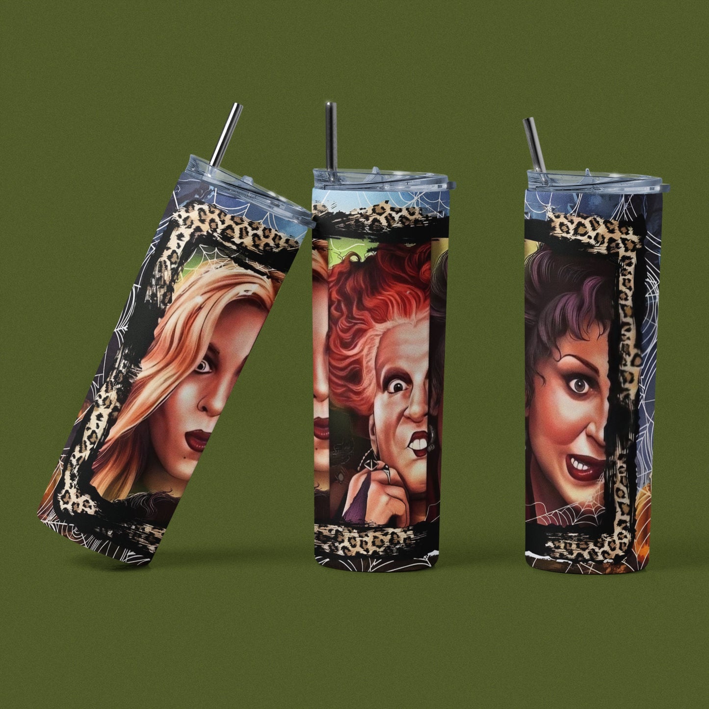 Sanderson Sisters - Vaso aislado de acero inoxidable de 20 oz con tapa de plástico resistente a fugas y pajita de metal con cepillo de limpieza para pajitas incluido