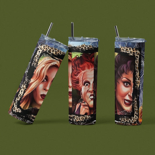 Sanderson Sisters - 20 oz Insulated Stainless Steel Tumbler with Plastic Leak Resistant Lid and Metal Straw with Straw Cleaning Brush included