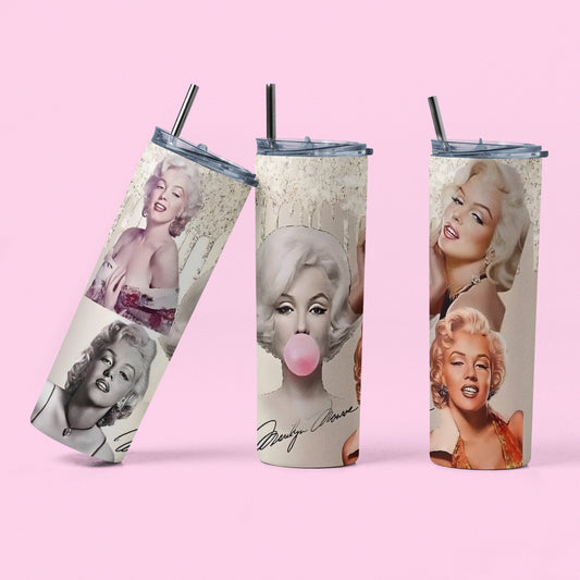 Faces of Marilyn - Vaso aislado de acero inoxidable de 20 oz con tapa de plástico resistente a fugas y pajita de metal con cepillo de limpieza para pajitas incluido