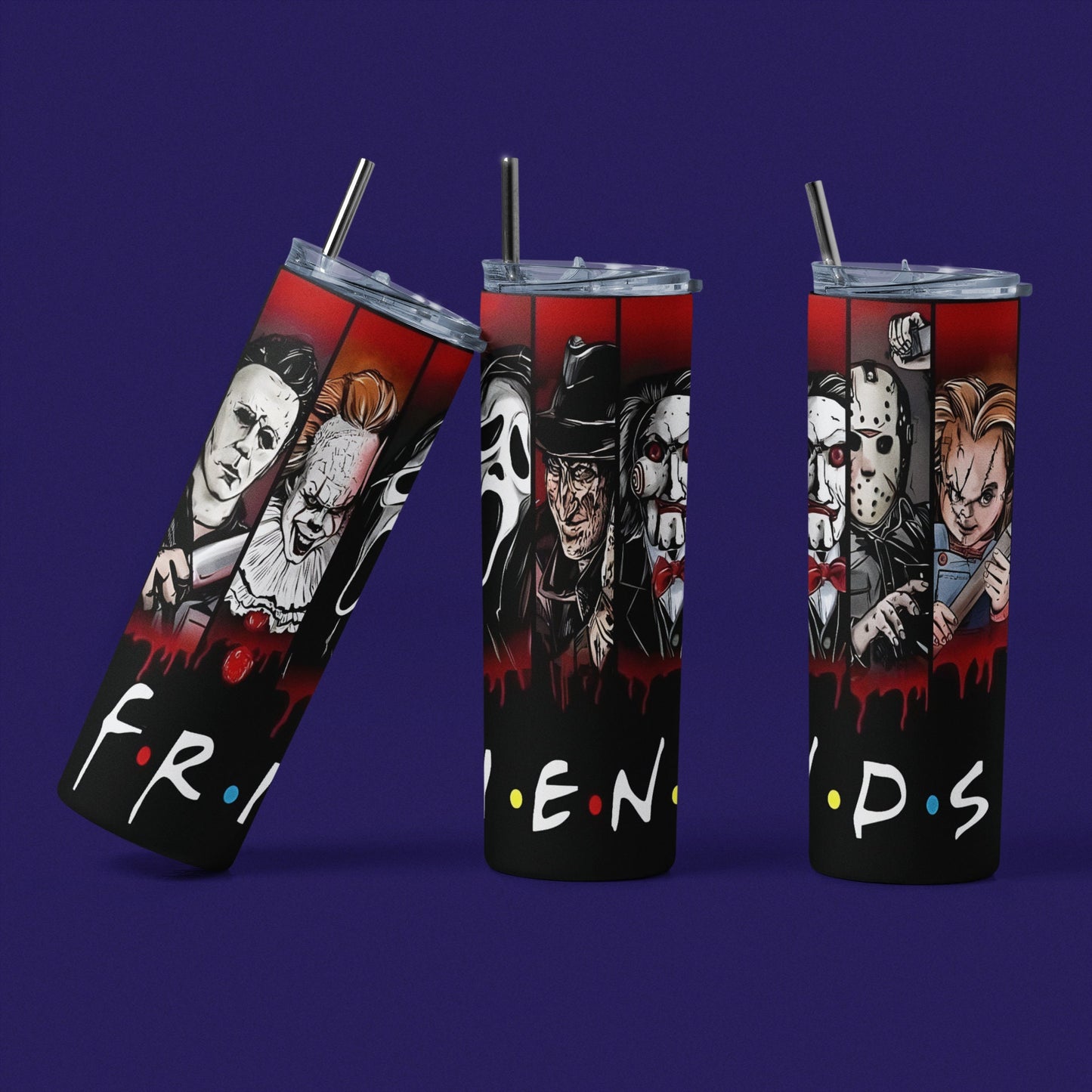 Horror Friends - Vaso aislado de acero inoxidable de 20 oz con tapa de plástico resistente a fugas y pajita de metal con cepillo de limpieza para pajitas incluido