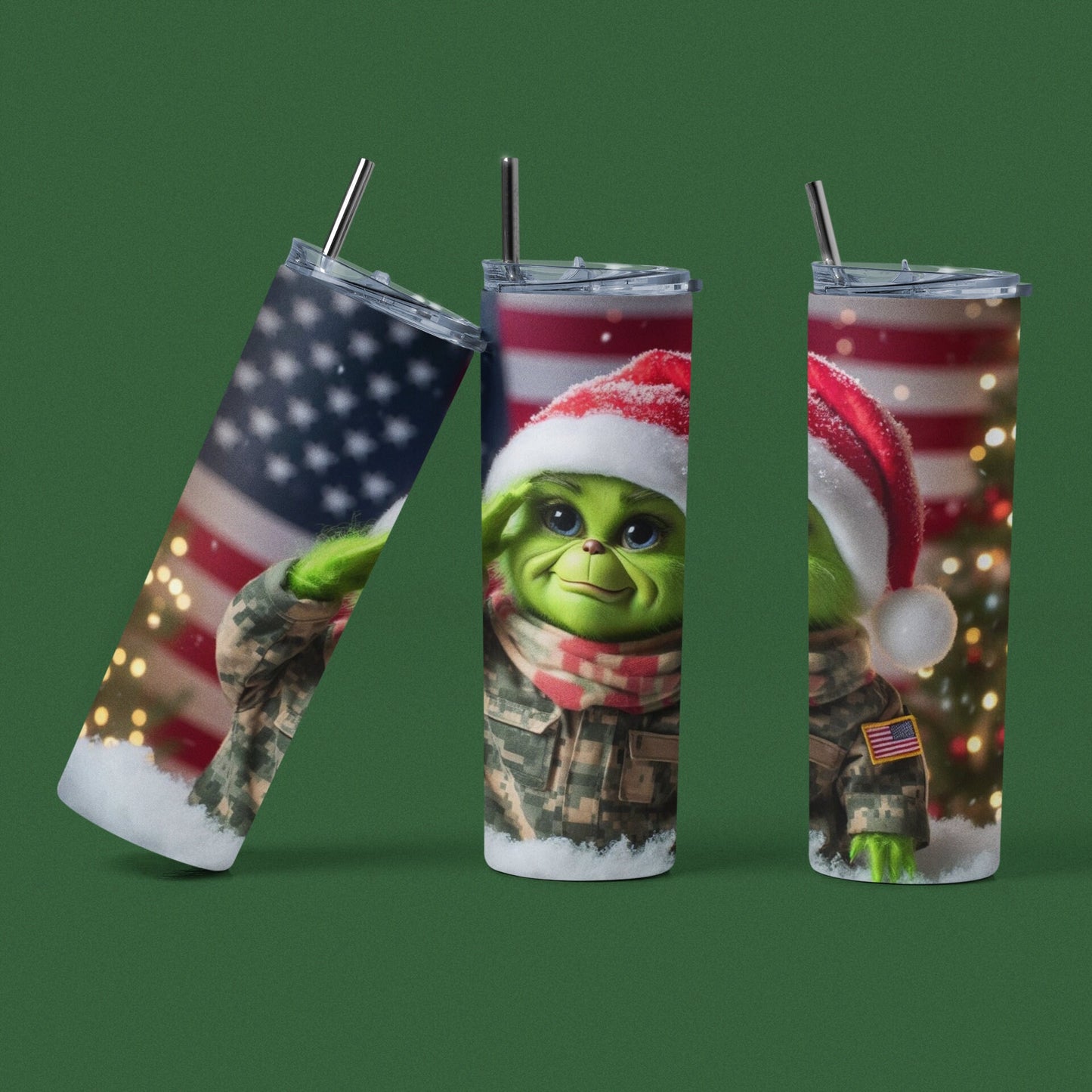 Grinch Army Soldier Christmas - 20 oz Insulated Stainless Steel Tumbler with Plastic Leak Resistant Lid and Metal Straw with Straw Cleaning Brush included