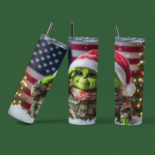 Grinch Army Soldier Christmas - 20 oz Insulated Stainless Steel Tumbler with Plastic Leak Resistant Lid and Metal Straw with Straw Cleaning Brush included