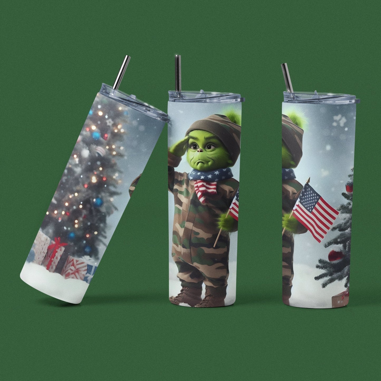 Grinch Army Soldier Salute to Christmas - 20 oz Insulated Stainless Steel Tumbler with Plastic Leak Resistant Lid and Metal Straw with Straw Cleaning Brush included