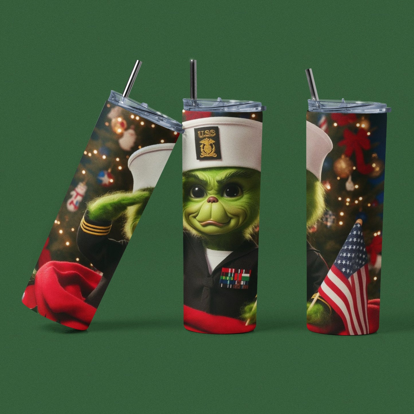 Grinch Navy Sailor Christmas - 20 oz Insulated Stainless Steel Tumbler with Plastic Leak Resistant Lid and Metal Straw with Straw Cleaning Brush included