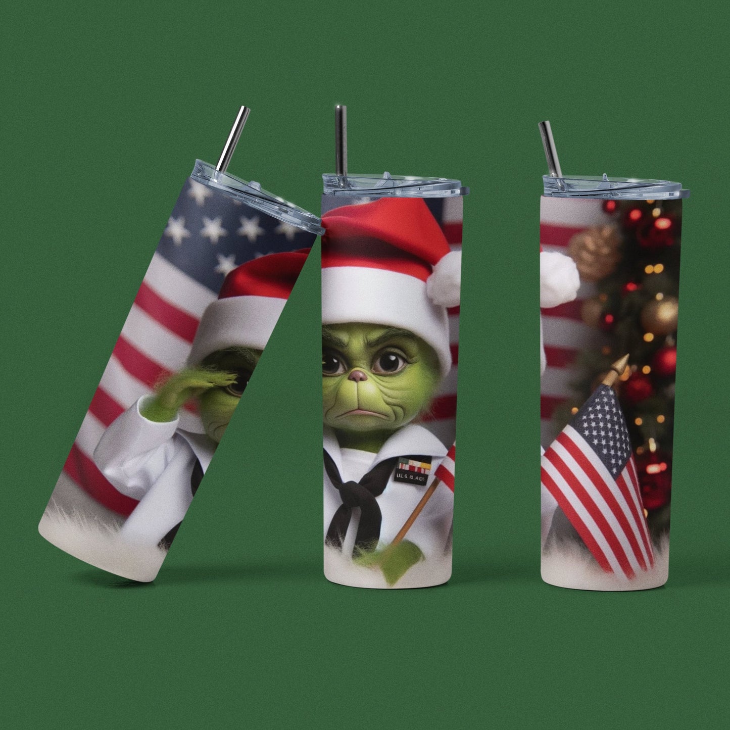 Grinch Navy Sailor Salute to Christmas - Whites - 20 oz Insulated Stainless Steel Tumbler with Plastic Leak Resistant Lid and Metal Straw with Straw Cleaning Brush included