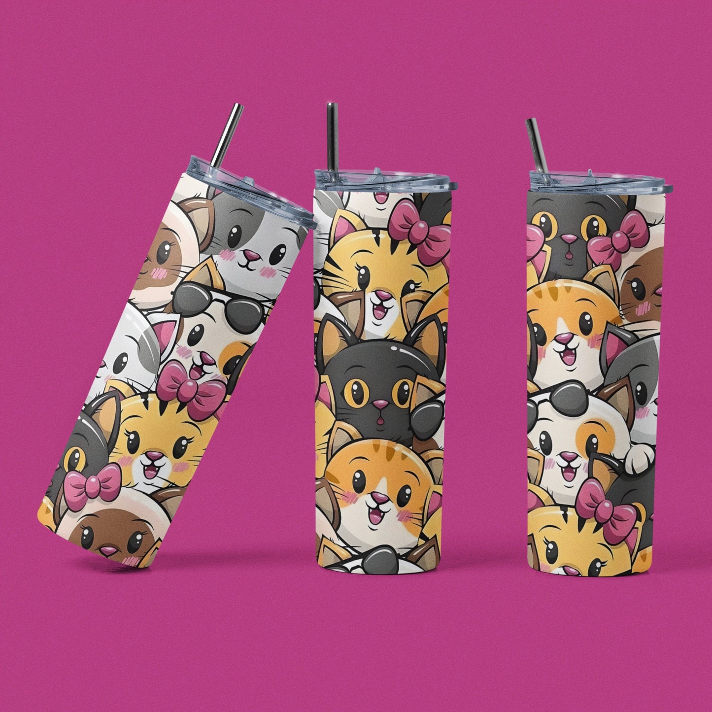 Kitties - Vaso aislado de acero inoxidable de 20 oz con tapa de plástico resistente a fugas y pajita de metal con cepillo de limpieza para pajitas incluido