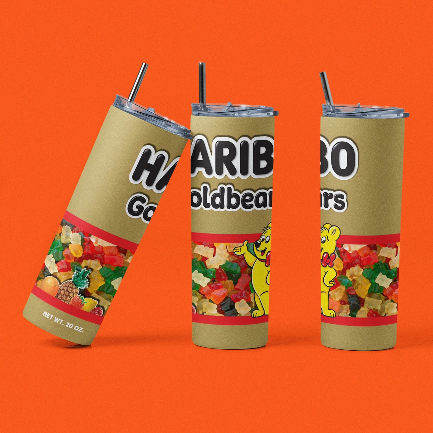 Haribo GoldBears - Vaso aislado de acero inoxidable de 20 oz con tapa de plástico resistente a fugas y pajita de metal con cepillo de limpieza para pajita incluido