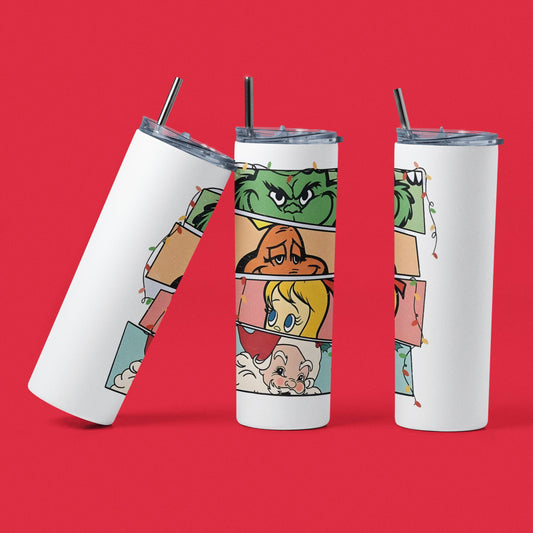 How Grinch Stole Christmas - 20 oz Insulated Stainless Steel Tumbler with Plastic Leak Resistant Lid and Metal Straw with Straw Cleaning Brush included