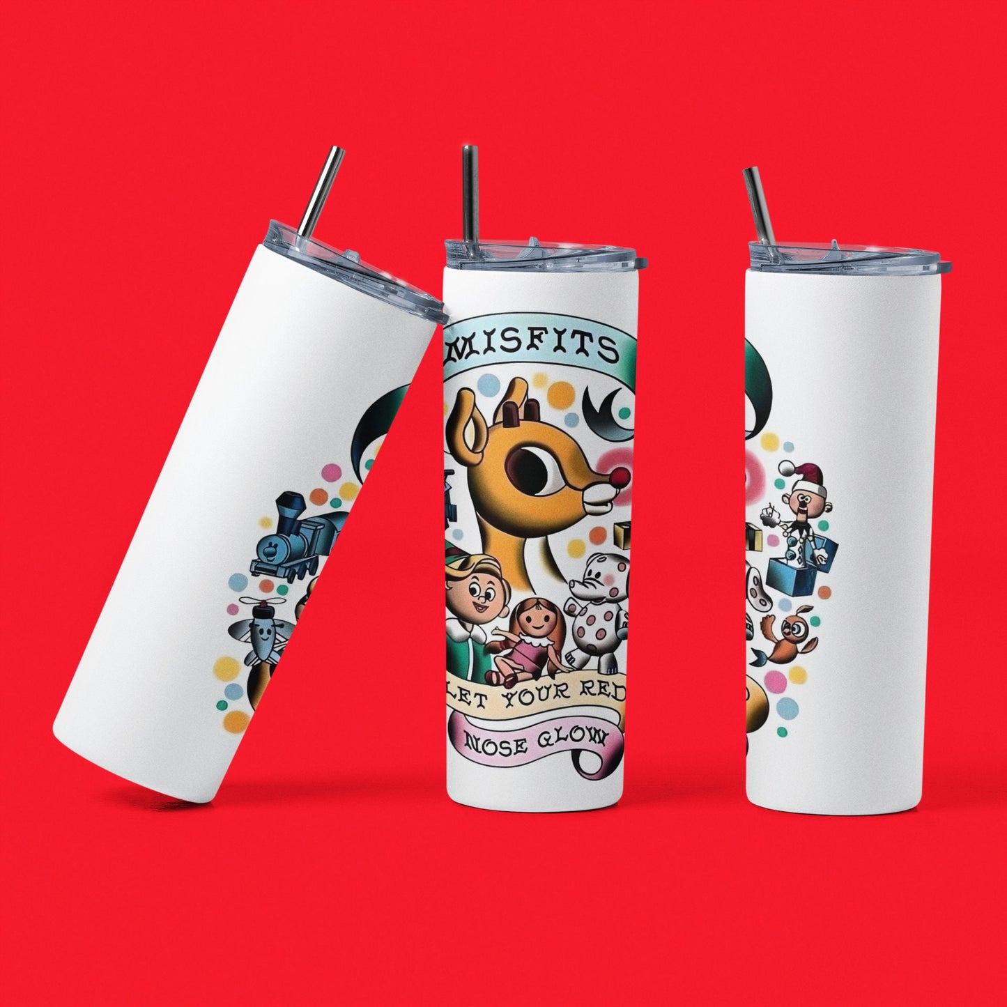 Misfits Let Your Red Nose Glow - 20 oz Insulated Stainless Steel Tumbler with Plastic Leak Resistant Lid and Metal Straw with Straw Cleaning Brush included