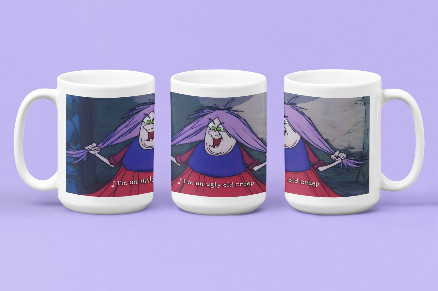 Ugly Old Creep - Madam Mim - Taza de cerámica de 15 oz recubierta de esmalte con asa. diseño impreso en ambos lados