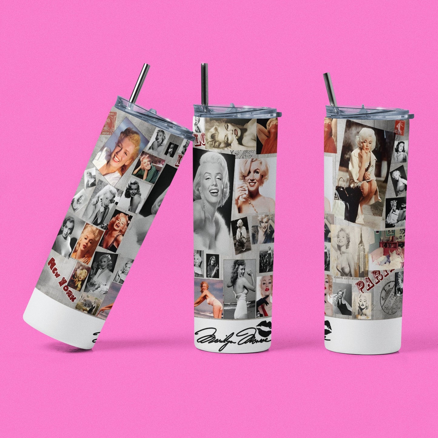 Marilyn Montage - Vaso aislado de acero inoxidable de 20 oz con tapa de plástico resistente a fugas y pajita de metal con cepillo de limpieza para pajitas incluido