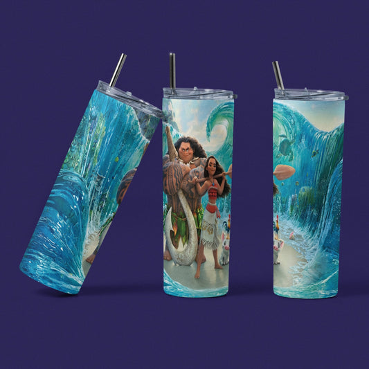 Moana Waves - Vaso aislado de acero inoxidable de 20 oz con tapa de plástico resistente a fugas y pajita de metal con cepillo de limpieza para pajitas incluido