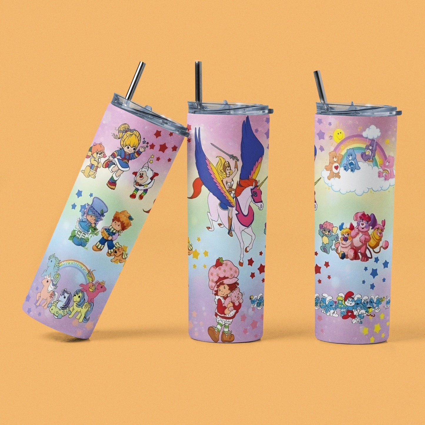 80s Girl Cartoons Part 2 - Vaso de acero inoxidable con aislamiento de 20 oz con tapa de plástico resistente a fugas y pajita de metal con cepillo de limpieza para pajita incluido