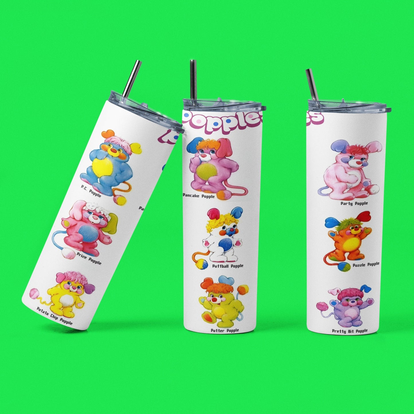 Popples Gang - Vaso aislado de acero inoxidable de 20 oz con tapa de plástico resistente a fugas y pajita de metal con cepillo de limpieza para pajitas incluido