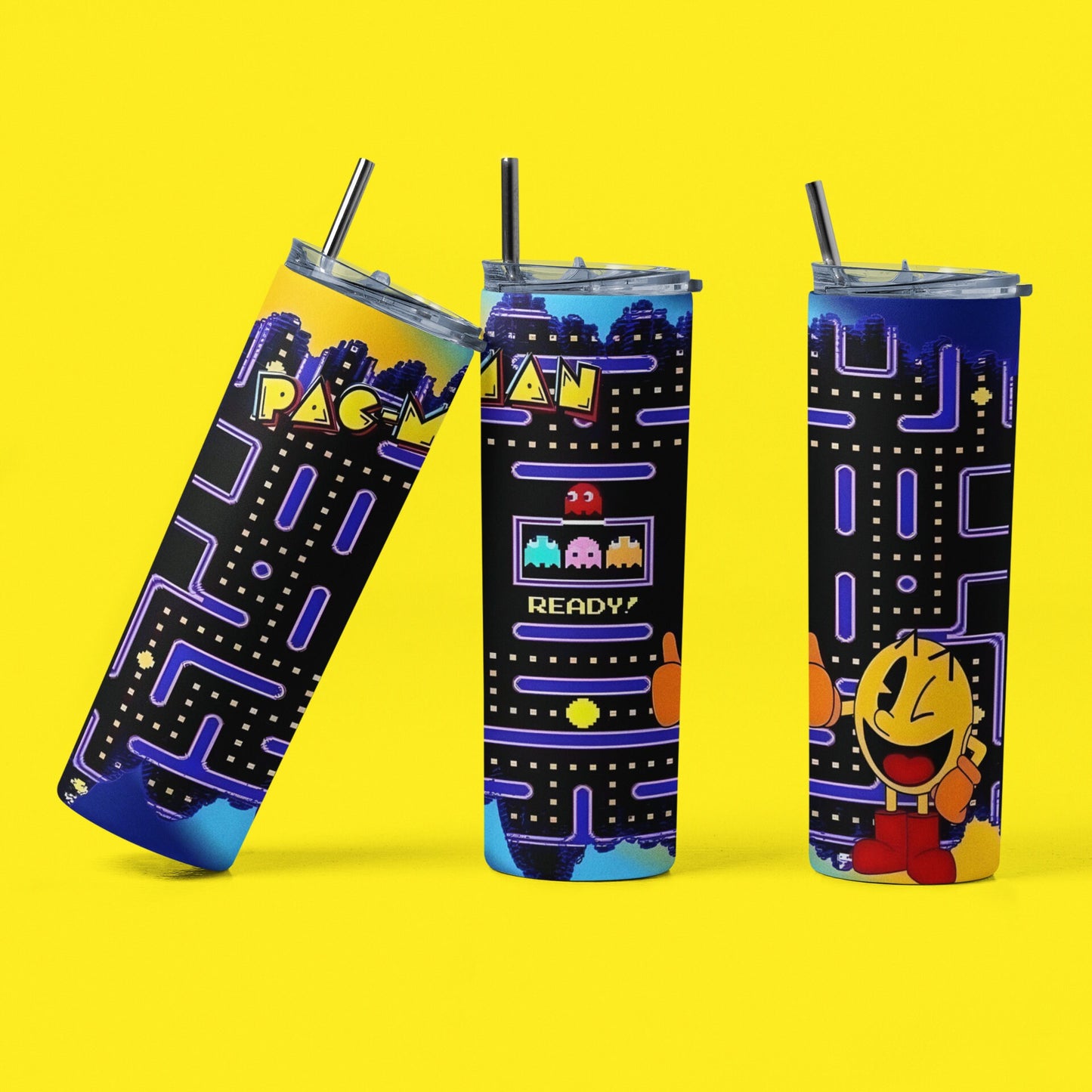 Pac-Man - Vaso aislado de acero inoxidable de 20 oz con tapa de plástico resistente a fugas y pajita de metal con cepillo de limpieza para pajitas incluido