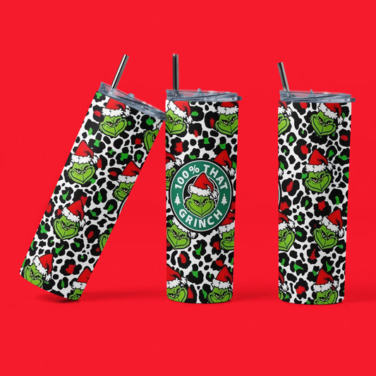 100% That Grinch- 20 oz Insulated Stainless Steel Tumbler with Plastic Leak Resistant Lid and Metal Straw with Straw Cleaning Brush included