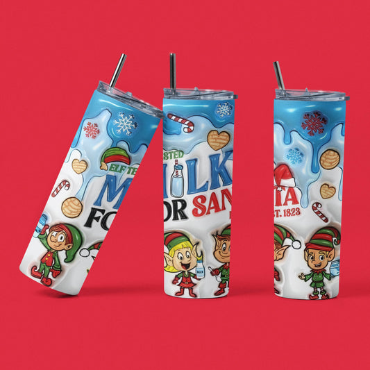 Elf Tested Milk For Santa 3D - Vaso aislado de acero inoxidable de 20 oz con tapa de plástico resistente a fugas y pajita de metal con cepillo de limpieza de pajita incluido